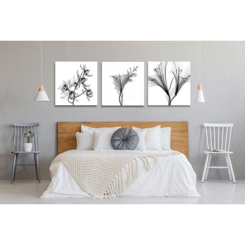 Arte moderno, 3 cuadros flores blanco y negro, decoración pared, Cuadros Dormitorio elegantes, venta online